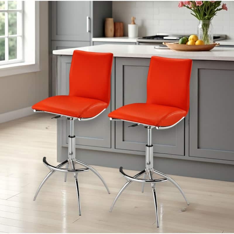 Set of Two Red And Silver Faux Leather And Metal Low Back Adjustable Height Bar Chairs - Red