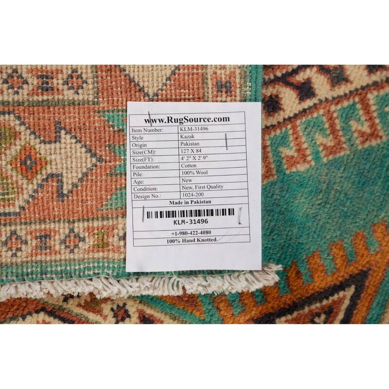 Turquoise Green Kazak Foyer Rug Hand-Knotted Wool Carpet - 2'9"x 4'2"