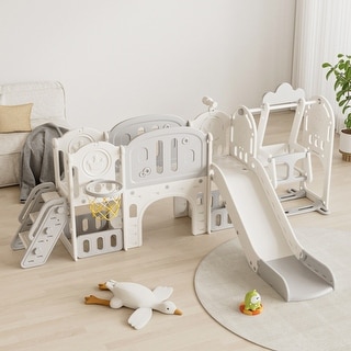 11 in 1 Toddler Slide for Age 1-4 with Basketball Hoop, aisle, swing - 116.54" x 64.96" x 44.09"