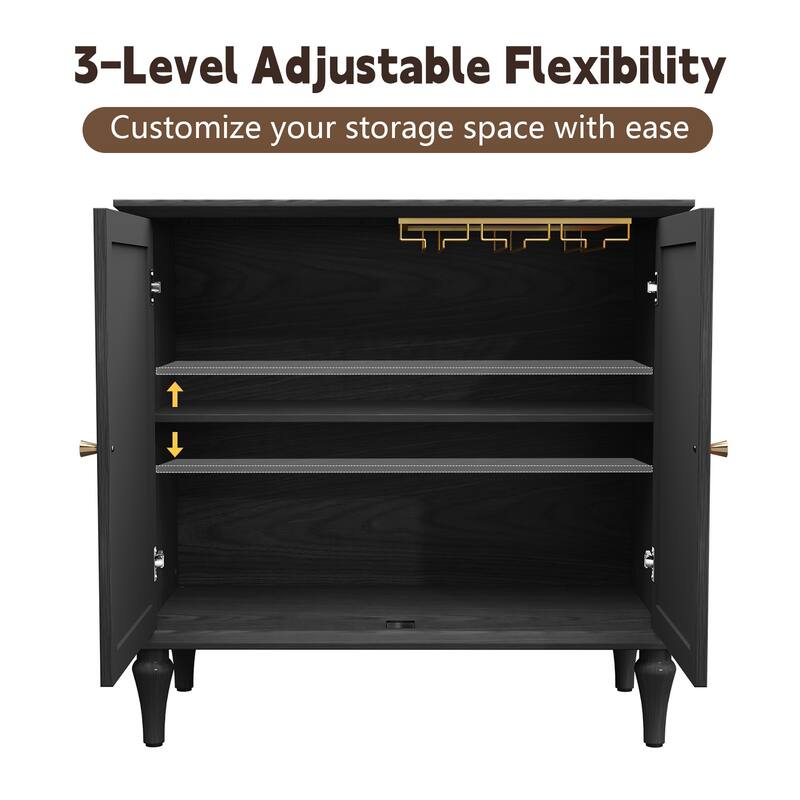 31" Mid-Century 2-Door Cabinet with Removable Tall Wine Glass Rack - Black