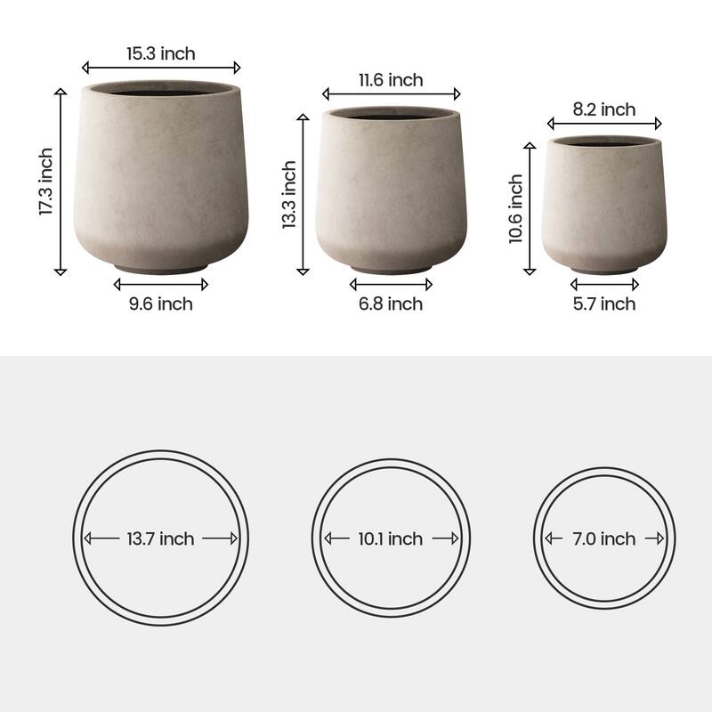 Plantara 17", 13", & 10" H Round Concrete planter (Set of 3), Outdoor Modern Planter pot,Flower pot for Garden