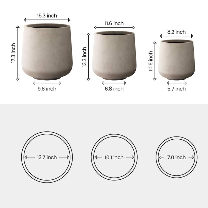 Plantara 17", 13", & 10" H Round Raw Concrete planter (Set of 3), Outdoor Modern Planter pot,Flower pot for Garden