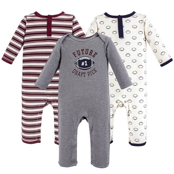 slide 1 of 1, Hudson Baby Infant Boy Cotton Coveralls 3pk, Football 0 - 3 Months - Grey