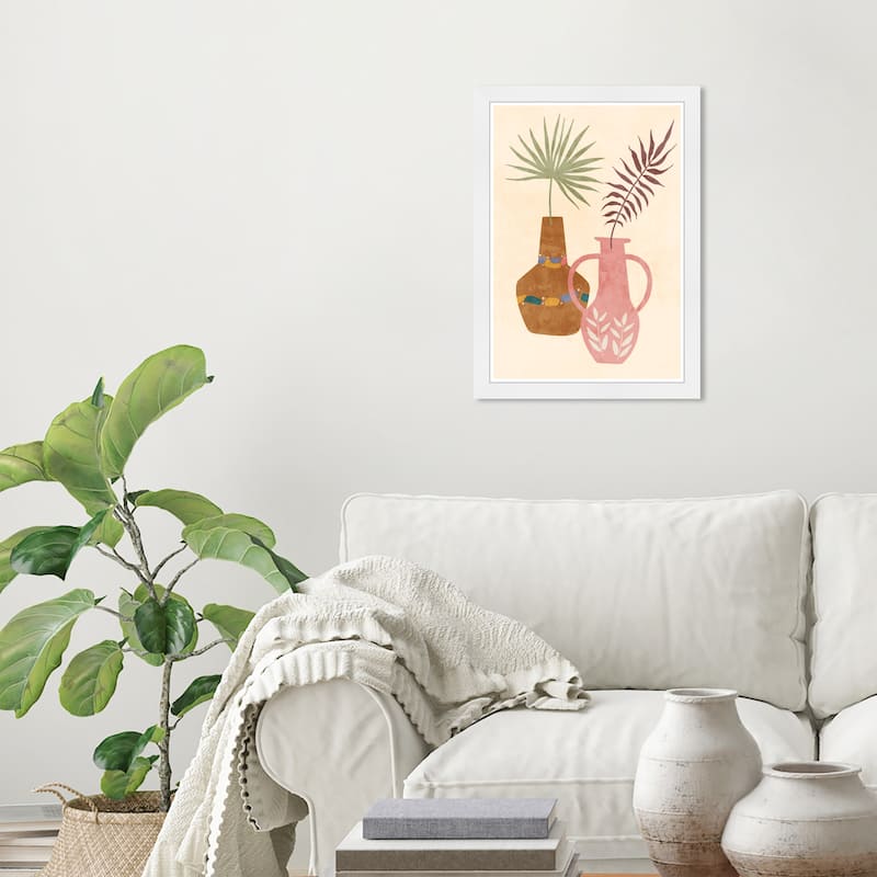 "Minimalist Pots", Boho Pattern Plant Pots Modern & Contemporary Pink Framed Wall Art Print for Dining Room