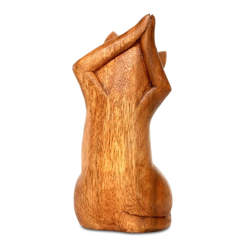 8" Wooden Handmade Hand Carved Yoga Upward Salute Pose Cat Sculpture Statue Home Decor - 8" tall x 4" wide x 3" deep