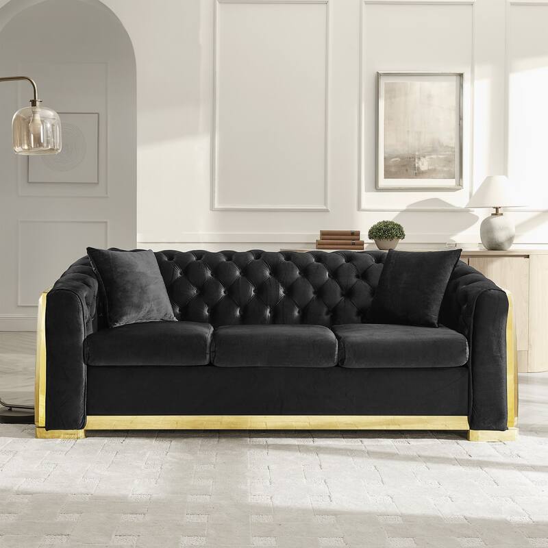 84" 3-Seater Velvet Button Tufted Sofa with Gold Steel Decoration - Black