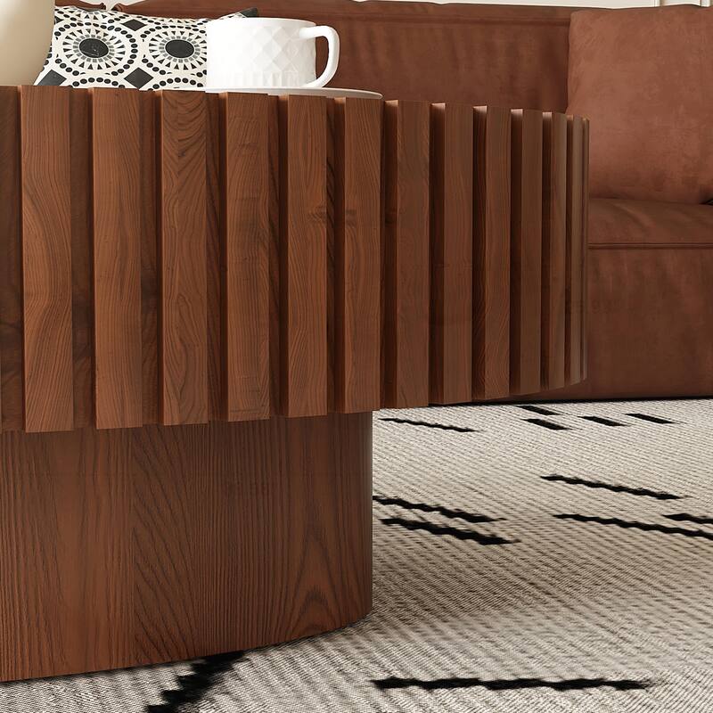 Oval Wooden Coffee Table with Handcrafted Relief and Sturdy Pedestal for Living Room