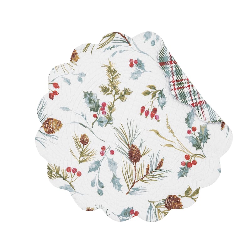Edith Round Quilted Reversible Holly Botanical Placemat Set of 6