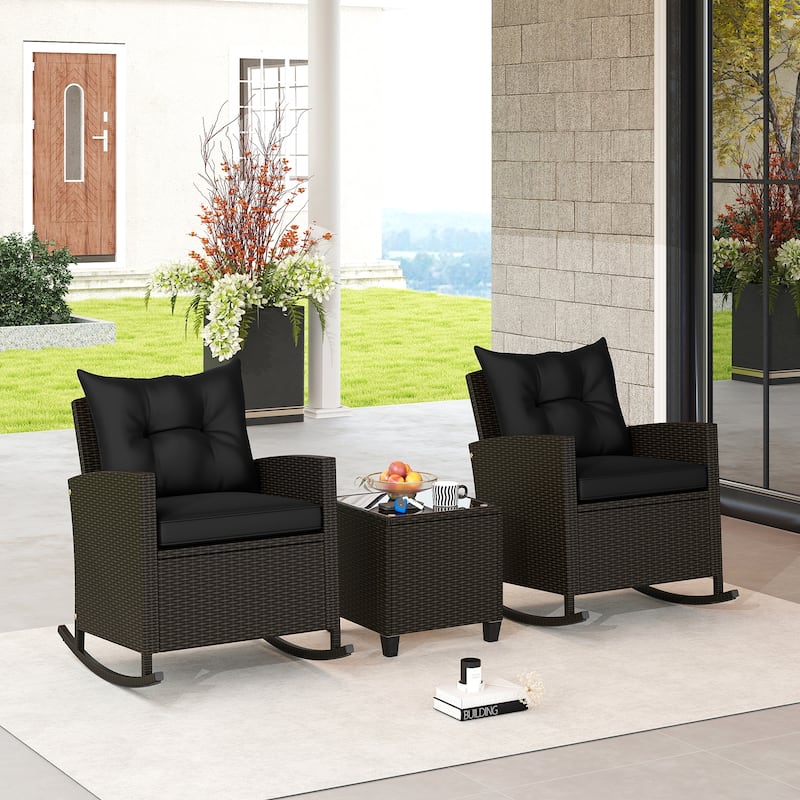 Gymax Set of 3 Wicker Rocking Set w/ Tempered Glass Table Patio