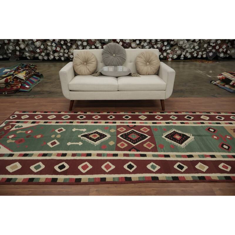 Hand Woven Oriental 100% Wool Carpet Southwestern Tribal Green Kilim Area Rug - 11' 8'' X 4' 11''