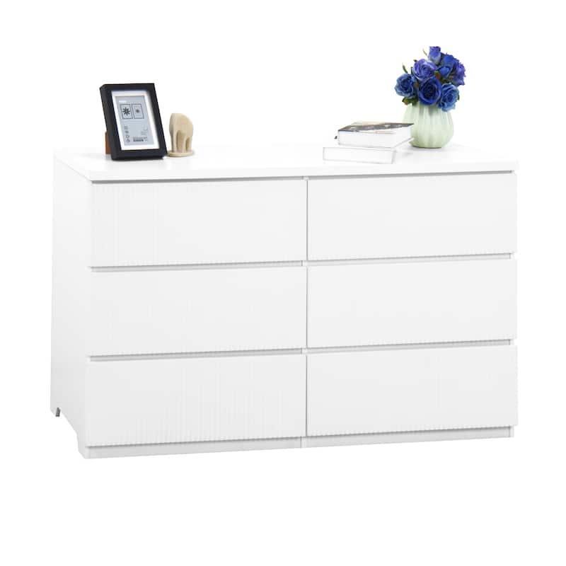 6 Drawer Storage Cabinet Dresser, Wood Storage Tower Clothes Organizer with Wavy Drawer Panel, Wide Chest of 6 Drawers