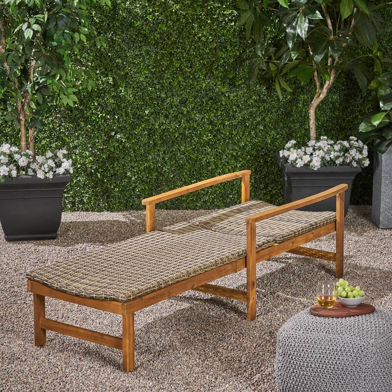Roomfitters Wood and Wicker Chaise Lounge with Adjustable Backrest for Outdoor Sunbathing and Comfortable Patio Seating, Natural