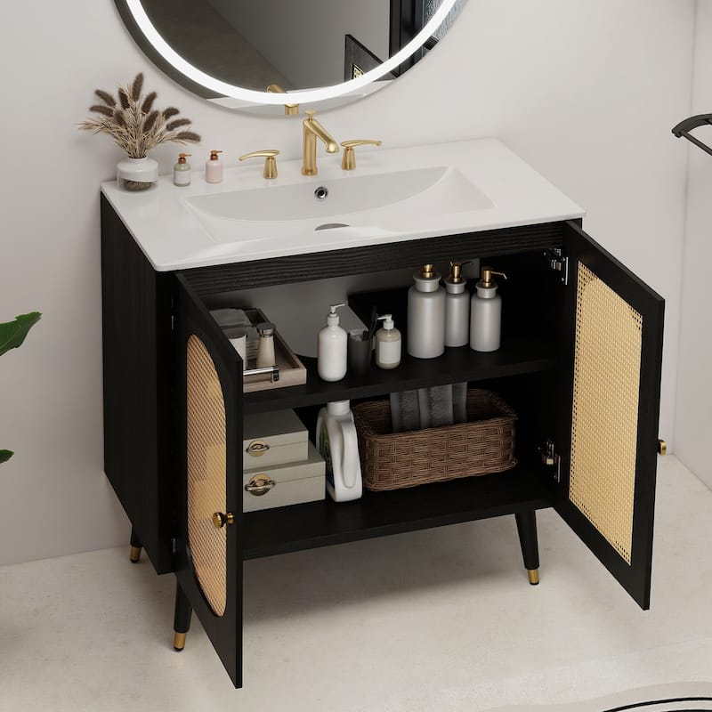36" Rattan Boho Bathroom Vanity with Sink