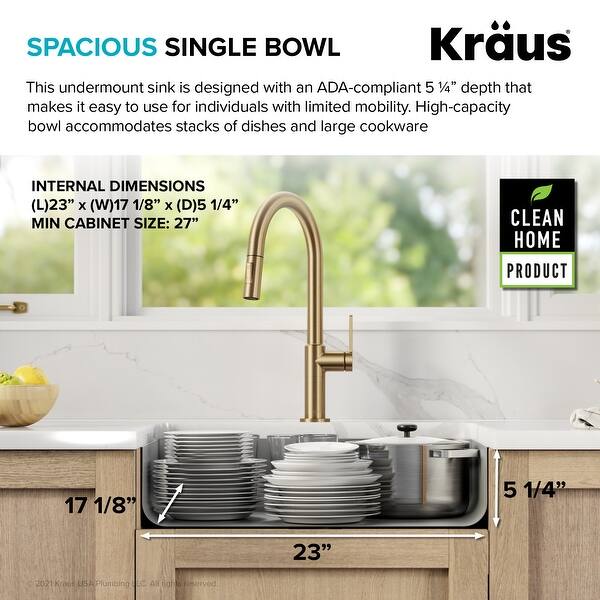 dimension image slide 0 of 2, KRAUS Dex Stainless Steel Single Bowl Undermount Kitchen Bar Sink