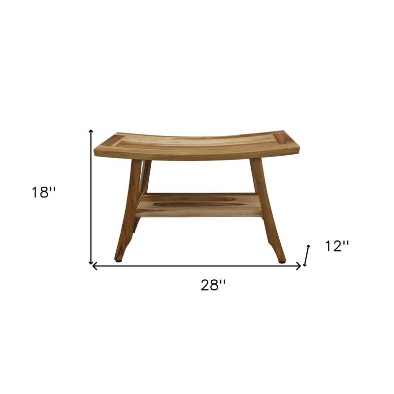 HomeRoots 28" Natural Solid Teak Rectangular Shower Bench With Shelf