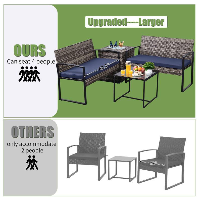 4-Piece Wicker Outdoor Sofa Set, 2 Loveseats, 1 Table, 1 Ice Bucket
