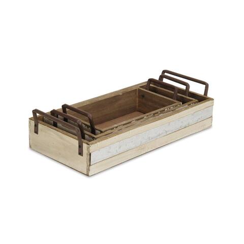 White Wood Rectangular Crates with Side Metal Handles (Set of 3)
