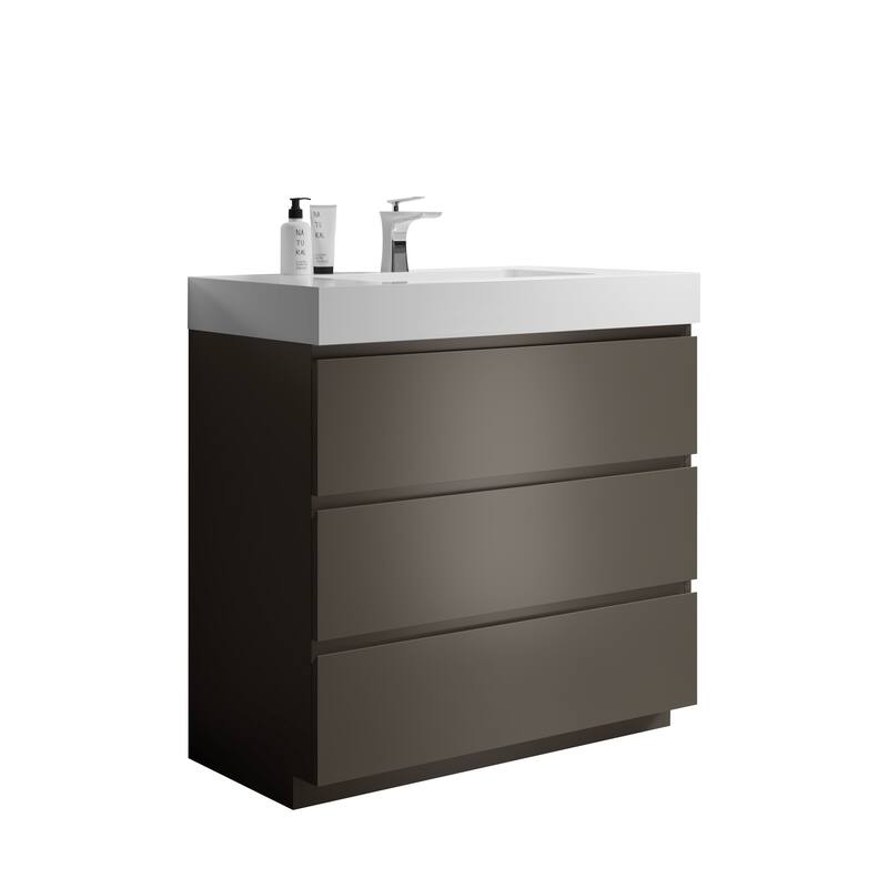 36" Grey Large Storage Freestanding Vanity for Modern Bathroom, One-Piece White Sink Basin without Drain and Faucet