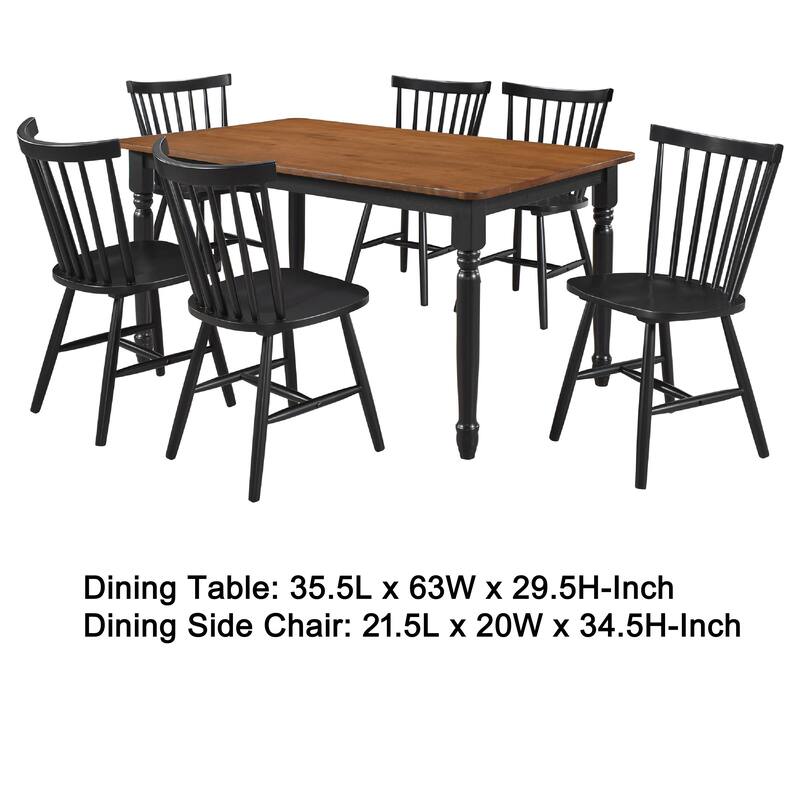 Halie 7pc Dining Table Set, Walnut Brown Wood, 6 Spindle Back Chairs