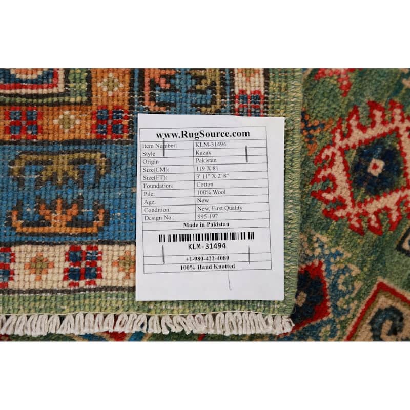 Green Kazak Foyer Rug Hand-Knotted Wool Carpet - 2'8"x 3'11"