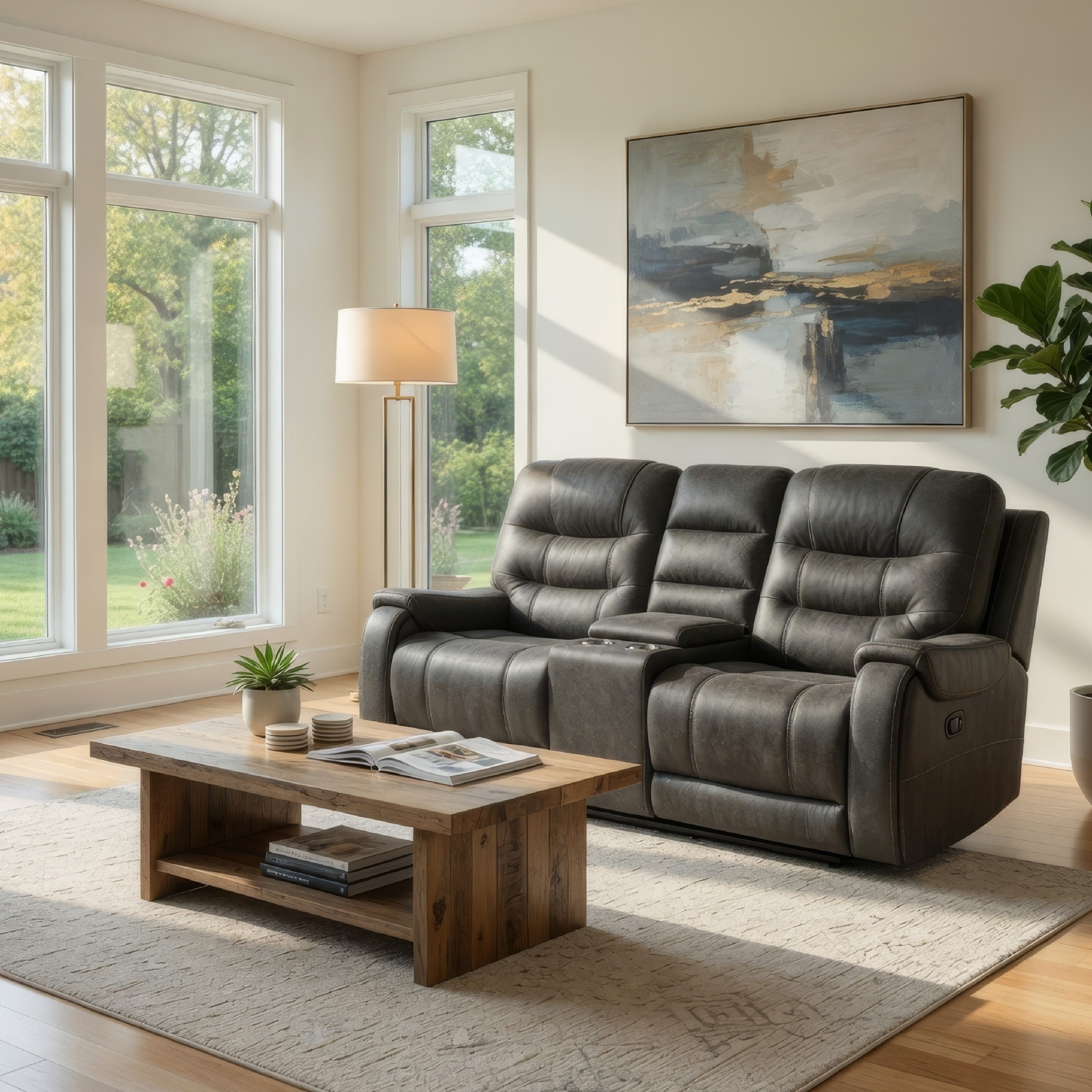 Benjara Erron Manual Reclining Loveseat w Console, Cupholders, Dark Gray Microfiber