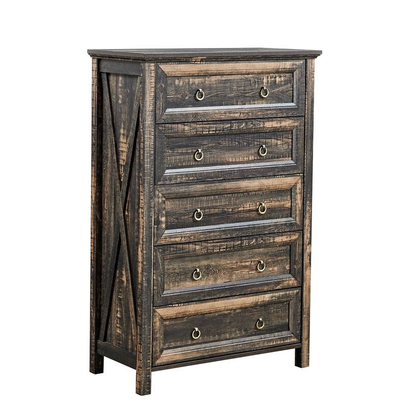 Farmhouse Style 5-Drawer Vertical Chest with Rustic Wood Wide Finish and Metal Ring Handle