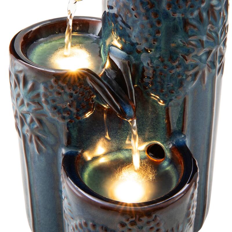 Glitzhome 10"H 3-Tier Turquoise Ceramic Tabletop Fountain with Pump and LED Light