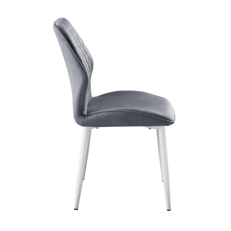 Bailey Dining Chair Set of 2, White Metal, Gray Diamond Quilted Velvet