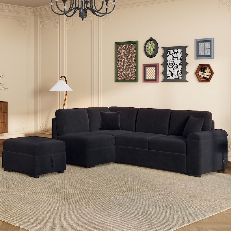 Corner Sleeper Sectional Sofa with Storage Ottoman & USB