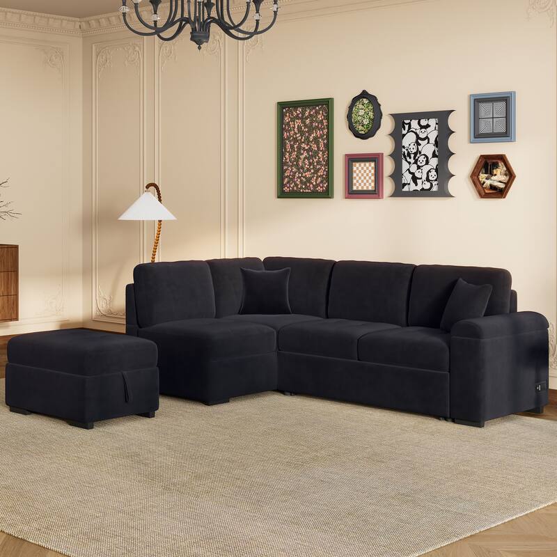Sleeper Sectional Sofa, L-Shape Corner Couch Sofa-Bed with Storage Ottoman & Hidden Arm Storage & USB Charge for Living Room Ap