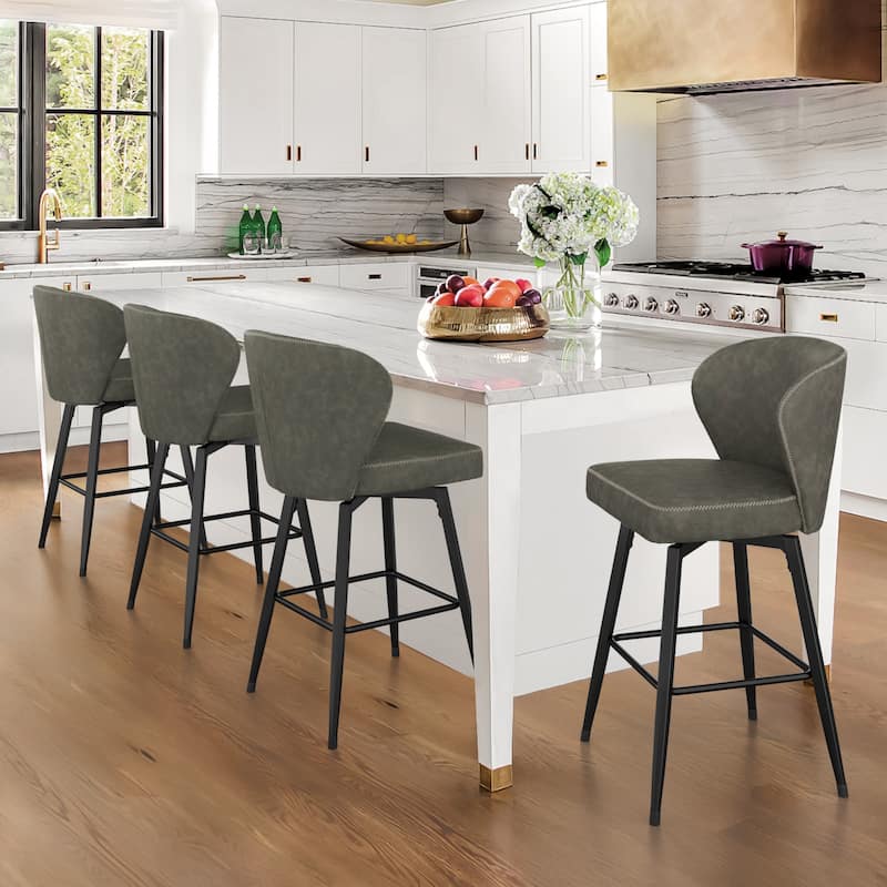 Modern Shell Back Swivel Bar Stool with Faux Leather Upholstered Seat and Metal Legs Counter Stool - Grey - Set of 4