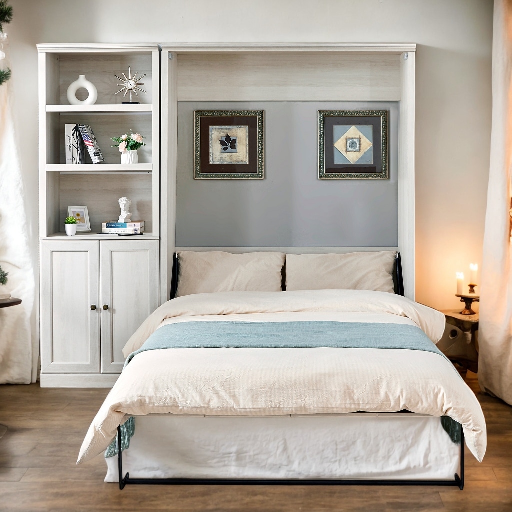 Contemporary Full Size Half Self-Close and Open Murphy Bed with 1 Side Cabinet Storage Shelf, Cabinet Space-Saving Bed