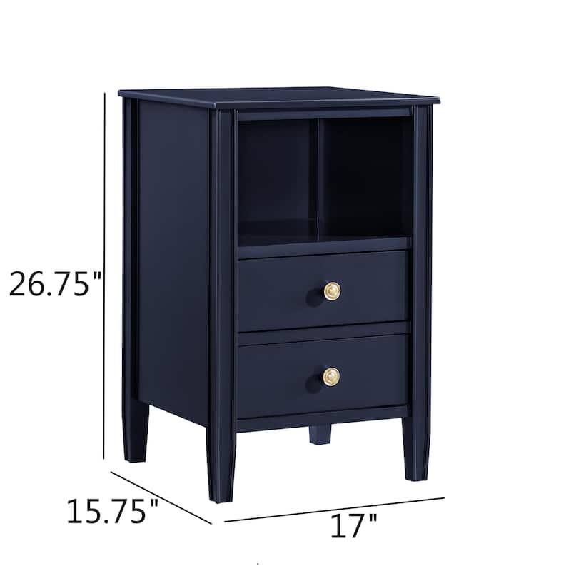 Modern Nightstand with 2 Drawers and Open Shelf Fluted Legs No Assembly