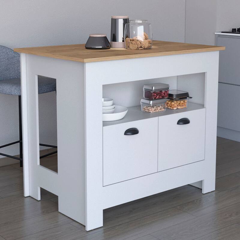 "Modern White Kitchen Island with 2 Doors, 3 Shelves for Organized Storage, Ideal for Cookware" - White