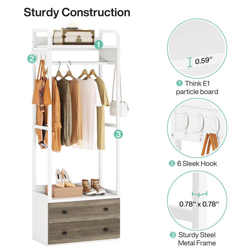 Clothes Shelf Coat Garment Rack Closet Organizer System with Drawers
