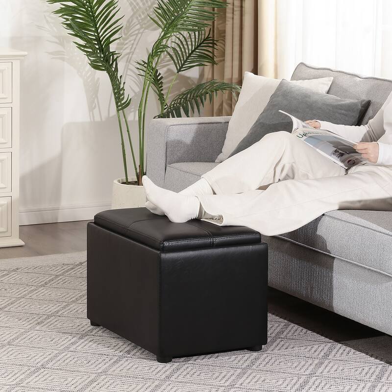 Adeco Faux Leather Rectangle Storage Ottoman with Reversible Tray