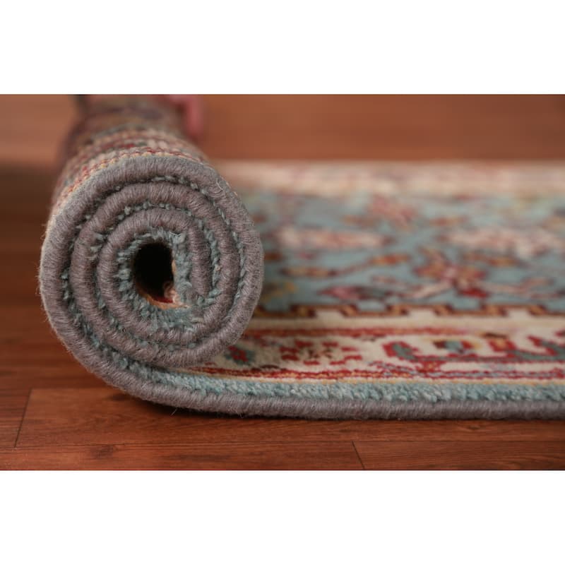 Hand Knotted Oriental 100% Wool Carpet Traditional Geometric Navy Blue & Blues Heriz (serapi) Runner Rug - 8' 2'' X 2' 6''