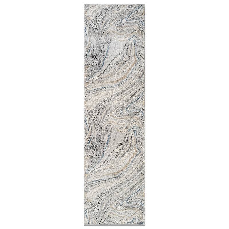 Marble Swirl Distressed Area Rug - Low-Pile Rug for Living Room, Bedroom - Polypropylene/Polyester with Jute Backing