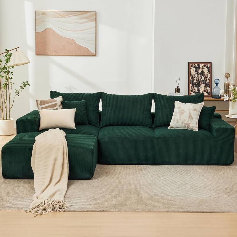 110" Oversized L-Shaped Sectional Sofa with Right Chaise, Cloud Couch with Corduroy & Memory Foam - left Green