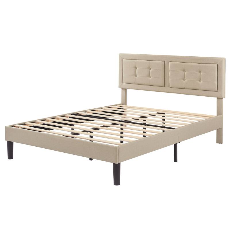VECELO Bed Frame with Adjustable Headboard, Upholstered Button Tufted Platform Bedframe with Wood Slats Support