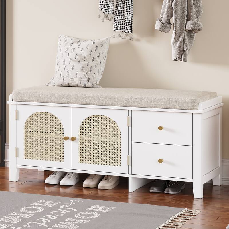 Storage Entryway Bench Wooden Shoe Bench with 2 Drawers, 2 Rattan Door & Removable Cushion for Living Room Entryway Hallway - White