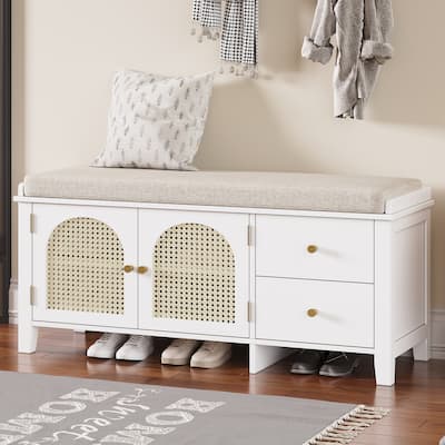 Wood Frame Bench with Shoe Storage, Shoe Bench with Rattan Arched Door and 2 Drawers Entryway Fabric Upholstered Bench