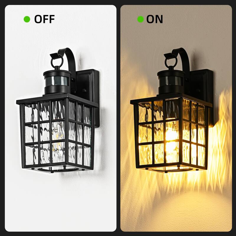 12 in. Matte Black 1-Light Motion Sensing Outdoor Wall Sconce with Dusk to Dawn and Water Wave Glass Shade