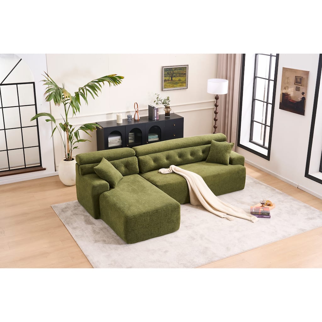 Convertible Chaise Sectional Sofa, L-Shape, Chesterfield Design, No-Assembly Chenille Couch, 30D High-Density, 104.7"