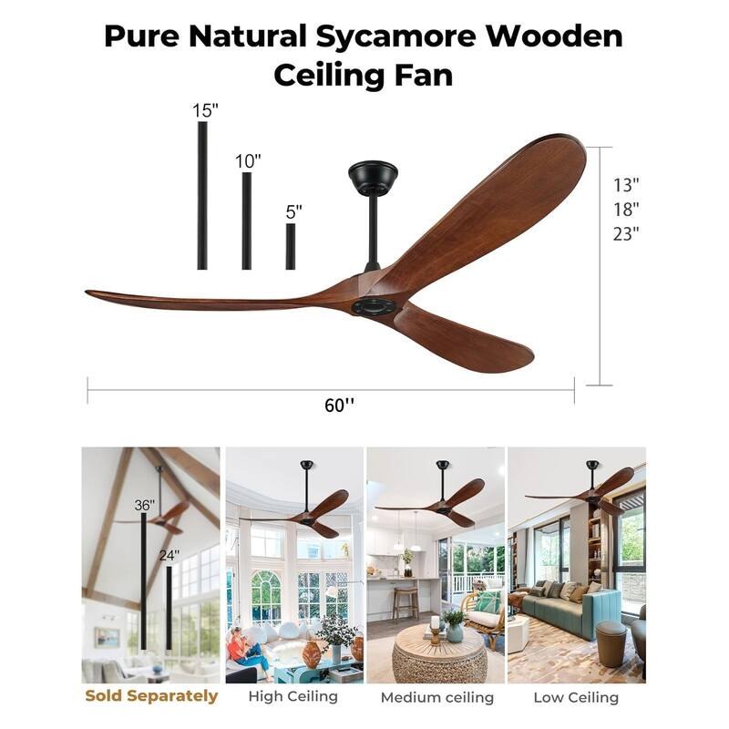 60"Solid Wood Ceiling Fan without Light With Wall Switch and Remote Control,6 Speed,3 Blades Ceiling Fans for Patio,Indoor
