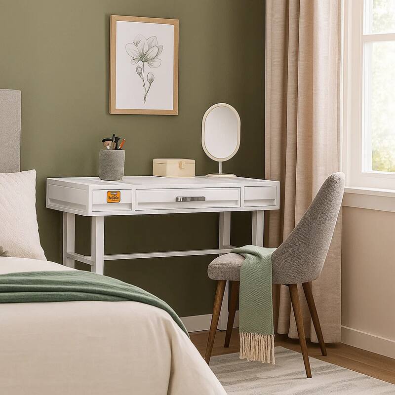 Industrial Style Metal and Wood 1 Drawer Vanity Desk, White