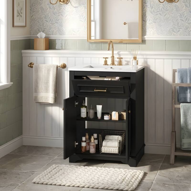 24" Bathroom Vanity with Integrated Ceramic Sink, Bathroom Cabinet with 2 Doors