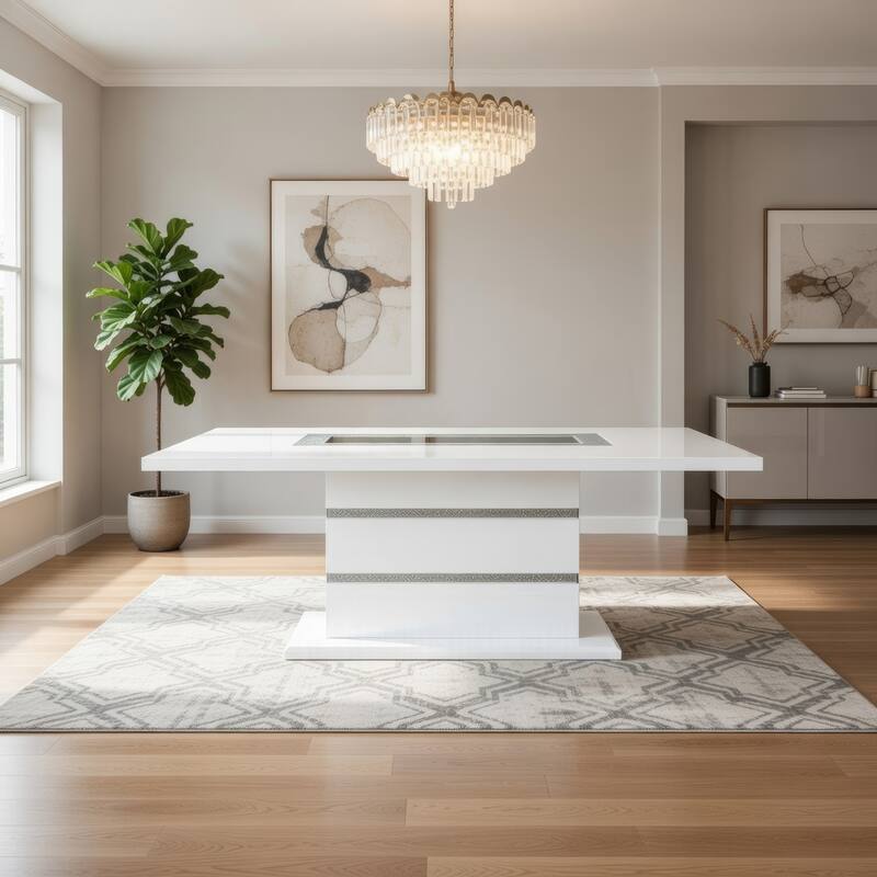 Zav Dining Table, 79 Inch Rectangular Top, White Gray Pedestal Base - Gray, White, Silver, Black