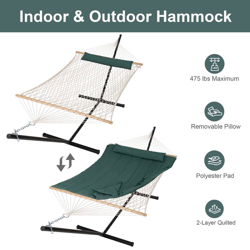 Rope Hammock with Detachable Pillow and Pad, 12FT Steel Stand Included