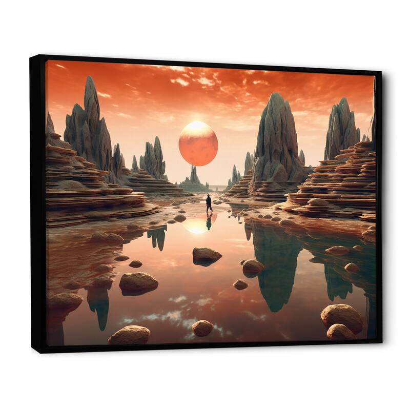 Designart "Pink Moon Rising Futuristic Mountain Landscape" Abstract Landscape Framed Wall Art Prints